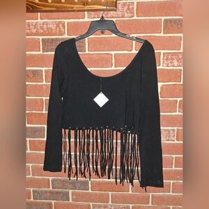 Black Fringe Long Sleeve Top